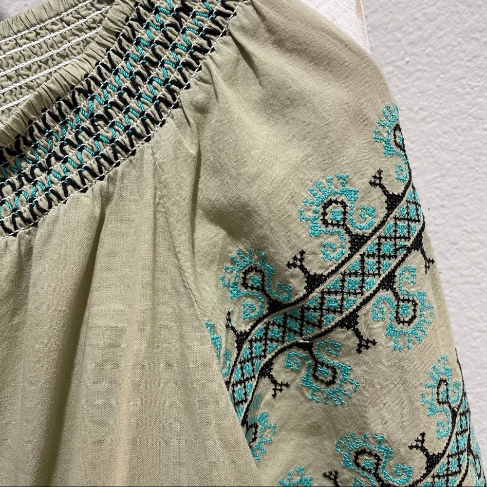 XCVI Boho Green Embroidered Pheasant Top